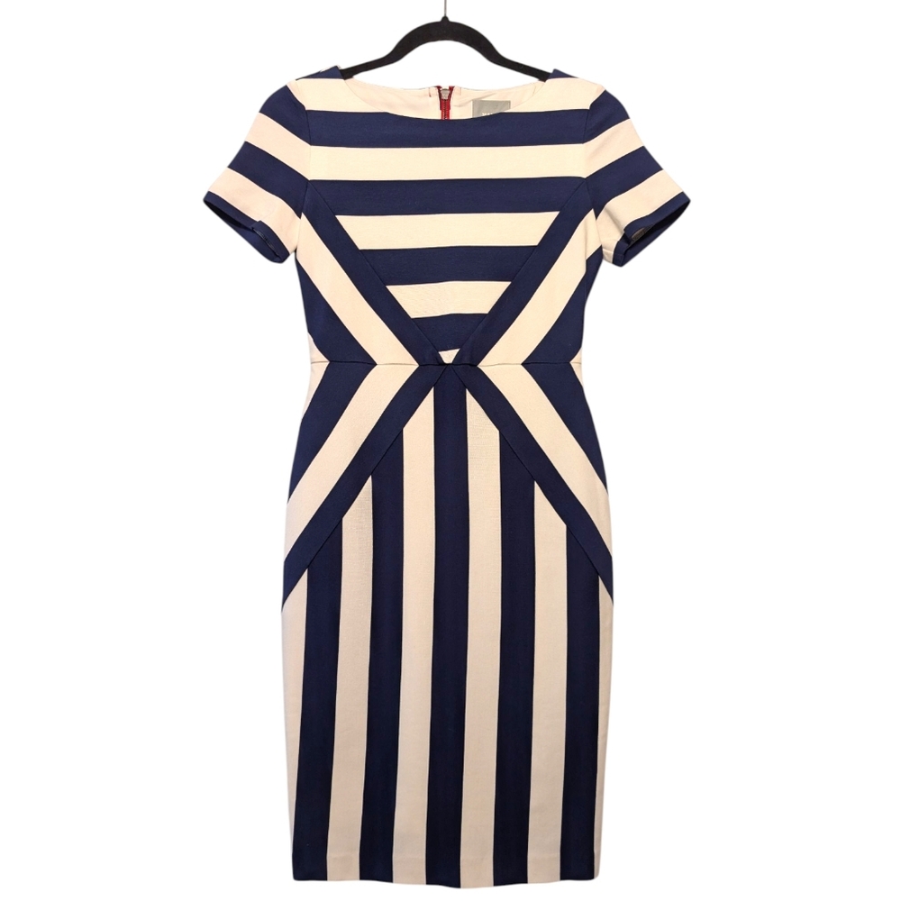 Anthropologie Maeve Blue & White Sheath Dress | Size 2 | Nautical Stripe Red Zip